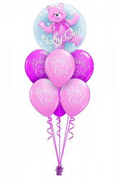 Ballonstrauß zur Geburt Baby Girl mit 7 Luftballons pink